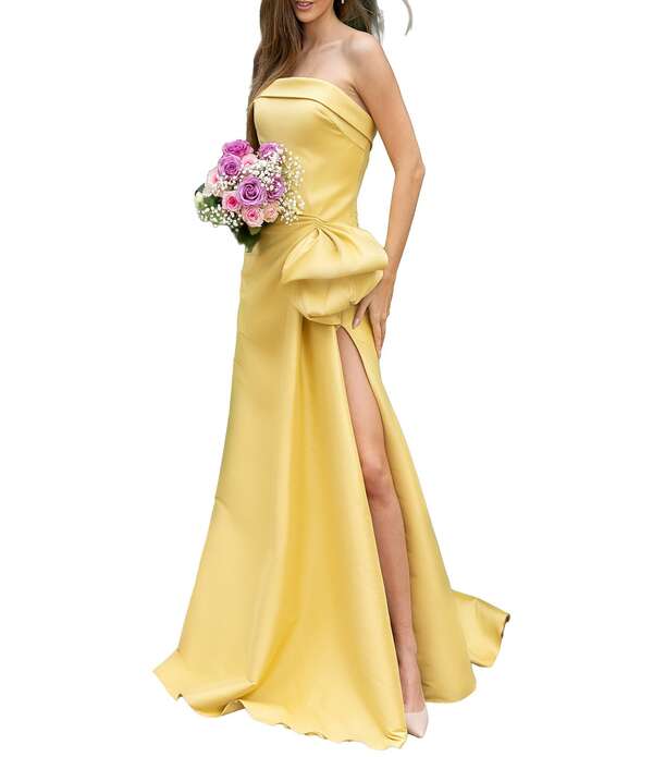 テラニクチュール レディース トップス 衣装 A 生産ライン フラウンス ストラップレス Terani Couture Mikado Straplesside Ruffle A-Line Longown Gold ゴールド