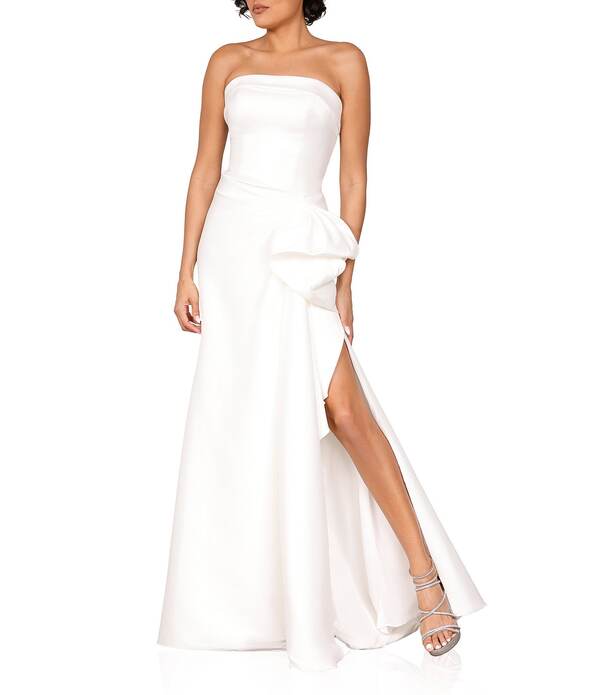 テラニクチュール レディース トップス 衣装 A 生産ライン フラウンス ストラップレス Terani Couture Mikado Straplesside Ruffle A-Line Longown Ivory 象牙色
