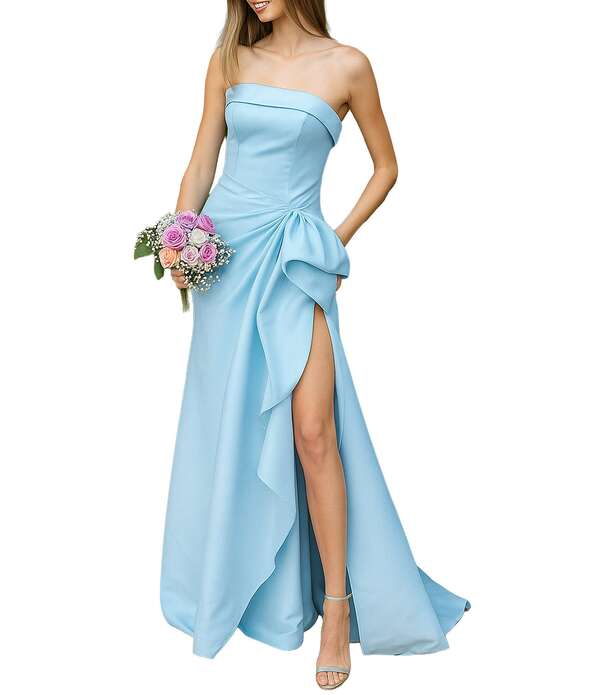 テラニクチュール レディース トップス 衣装 A 生産ライン フラウンス ストラップレス Terani Couture Mikado Straplesside Ruffle A-Line Longown Light Blue 青色