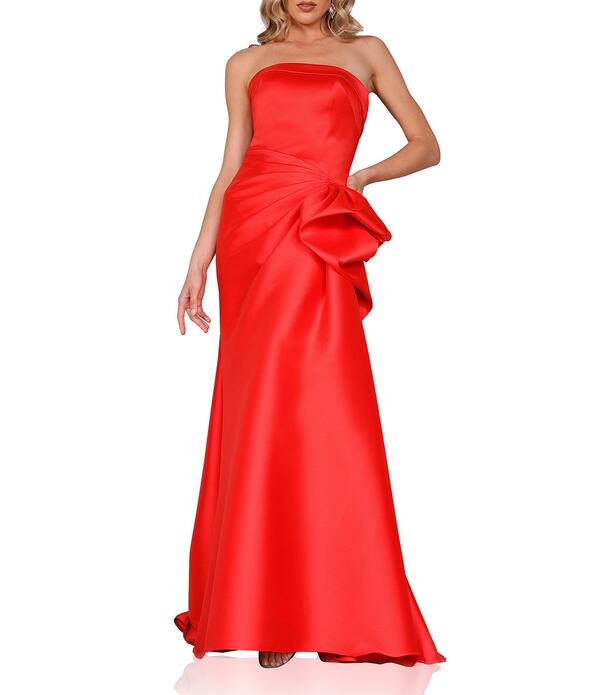 テラニクチュール レディース トップス 衣装 A 生産ライン フラウンス ストラップレス Terani Couture Mikado Straplesside Ruffle A-Line Longown Red 赤いこと
