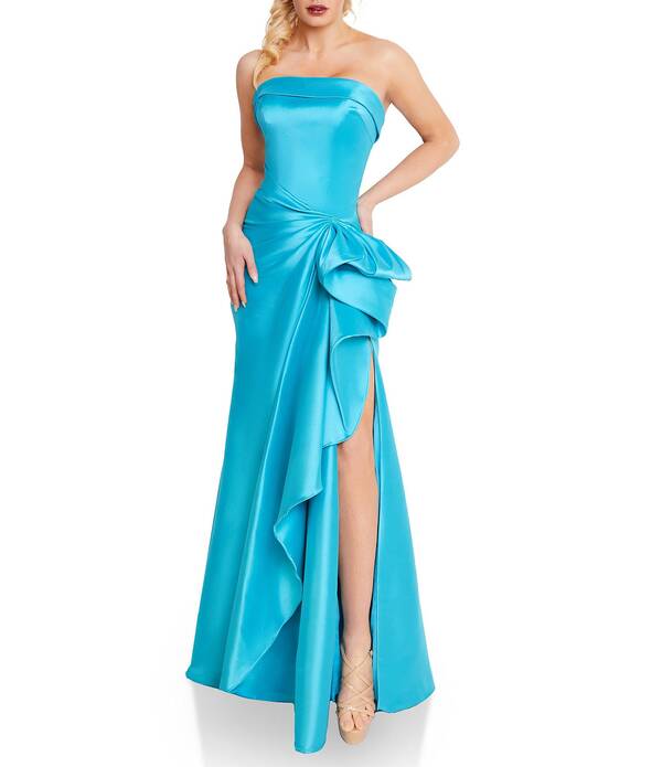 テラニクチュール レディース トップス 衣装 A 生産ライン フラウンス ストラップレス Terani Couture Mikado Straplesside Ruffle A-Line Longown Turquoise 青緑色
