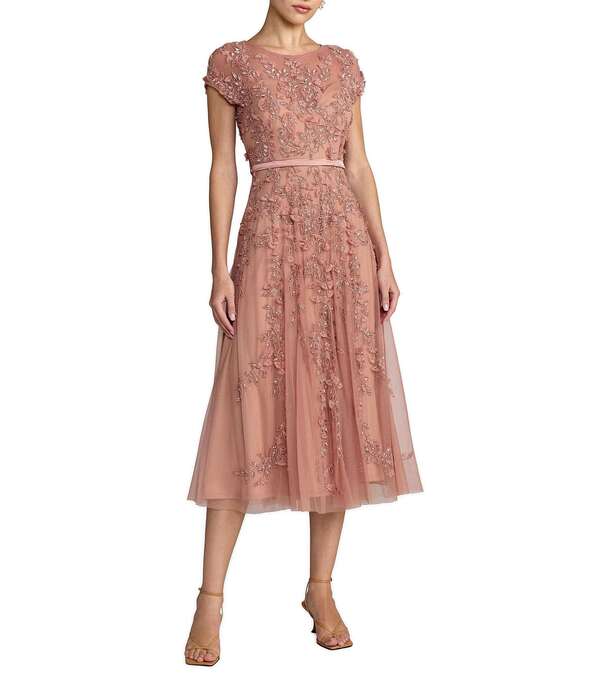 マックダガル レディース トップス 衣装 A 生産ライン メッシュ MIDI 鳥打ち帽 Mac Duggal Embellished Beaded Mesh Cap Sleeve A-Line Midi Dress Rosewood