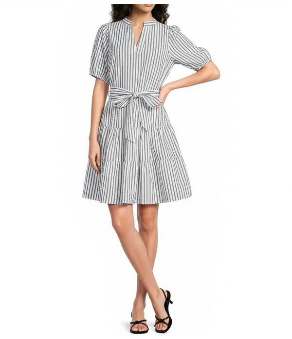 カレッサ レディース トップス 衣装 ティアード 軽気球捩り プチ Calessa Petite Size Stripe Tiered Belted Beaded Short Balloon Sleeve Dress Black/White 白いこと