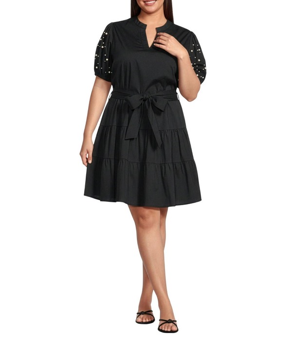 カレッサ レディース トップス 衣装 ティアード 足し加える大きさ Calessa Plusize Stripe Tiered Belted Beaded Sleeve Dress Black 黒いこと