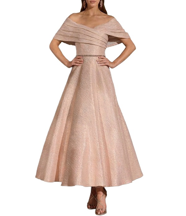 テラニクチュール レディース トップス ワンピース アンクル Terani Couture Anklength Off The Shoulder Jacquard Gown Rose Gold ゴールド|ReVida 店