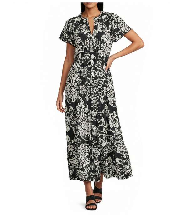 カレッサ レディース トップス 衣装 Vのど首 ティアード 御花柄 マキシ 御花 Calessa Floral Split V-Neck Short Sleeve Tiered Maxi Dress Black/White 白いこと