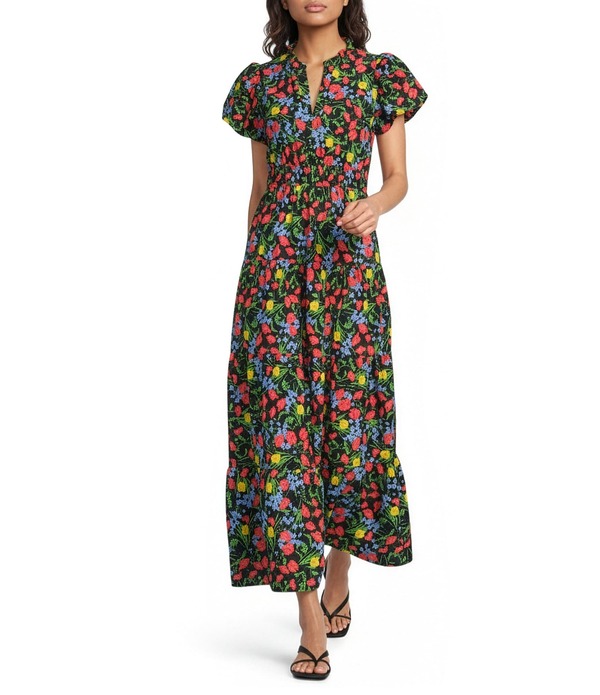 カレッサ レディース トップス 衣装 Vのど首 ティアード 御花柄 マキシ 御花 Calessa Modern Floral Split V-Neck Short Sleeve Tiered Maxi Dress Black Multi 黒いこと