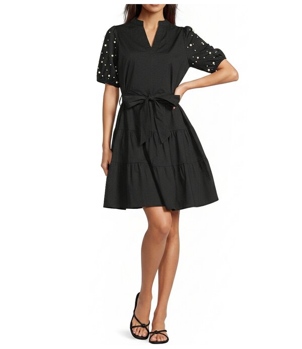 カレッサ レディース トップス 衣装 ティアード 軽気球捩り Calessa Stripe Tiered Belted Short Beaded Balloon Sleeve Dress Black 黒いこと