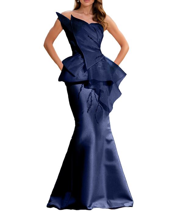 テラニクチュール レディース トップス ワンピース アシンメトリー ストラップレス Terani Couture Asymmetrical Neck Straplessheath Longownavy ネイビー｜ReVida 店
