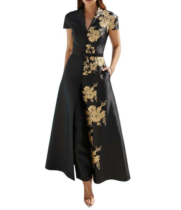 テラニクチュール レディース トップス 衣装手押し車 Terani Couture Short Sleeve Pant Suit With Overskirt Black Yellow 黒いこと