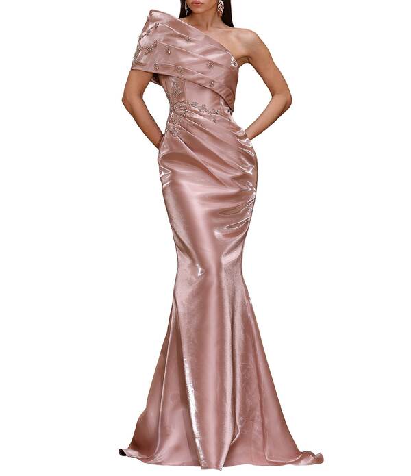 テラニクチュール レディース トップス ワンピース Terani Couture One Shoulder Simmer Organza Longown Espresso｜ReVida 店