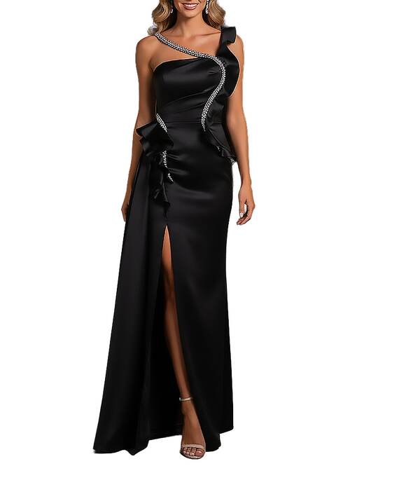 テラニクチュール レディース トップス 衣装 非対称 Terani Couture Asymmetric One Shoulder Beaded Gown Black 黒いこと