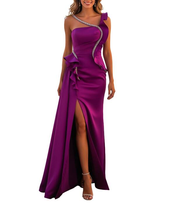 テラニクチュール レディース トップス 衣装 非対称 Terani Couture Asymmetric One Shoulder Beaded Gown Fuchsia フューシャ