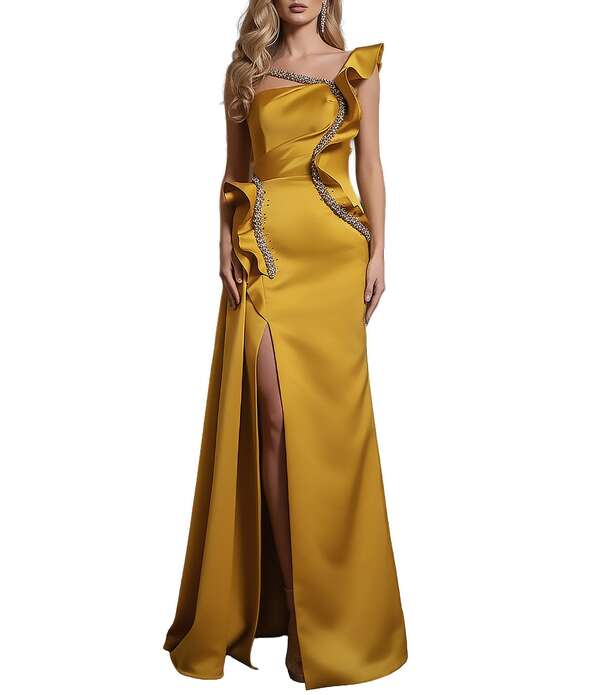テラニクチュール レディース トップス 衣装 非対称 Terani Couture Asymmetric One Shoulder Beaded Gown Gold ゴールド