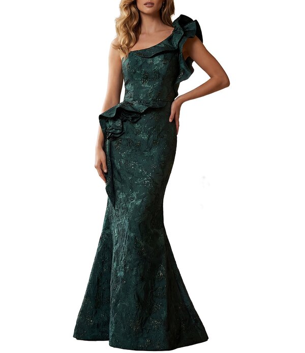 テラニクチュール レディース トップス 衣装 フラウンス Terani Couture One Shoulder Jacquard Ruffle Longown Emerald エメラルド