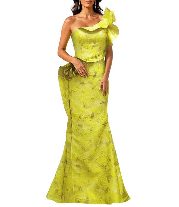 テラニクチュール レディース トップス 衣装 フラウンス Terani Couture One Shoulder Jacquard Ruffle Longown Lemon