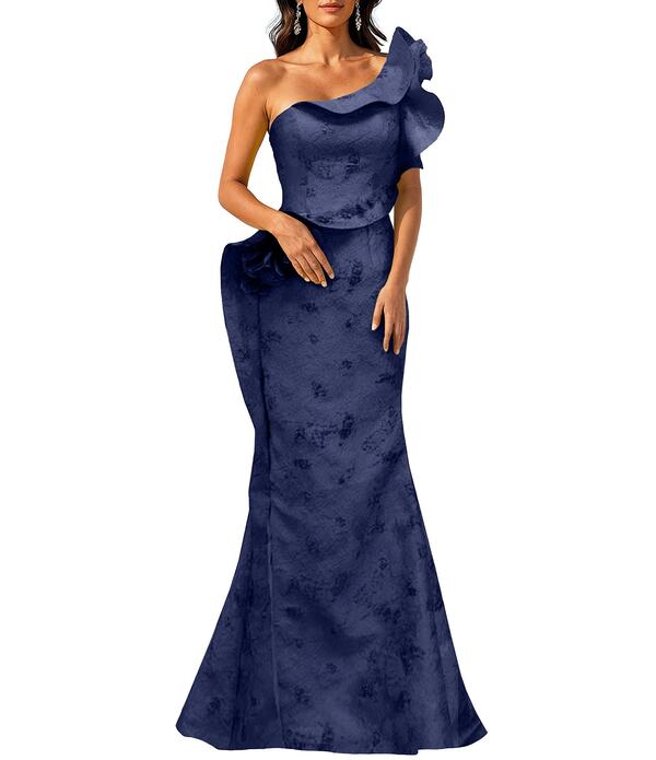 テラニクチュール レディース トップス 衣装 フラウンス Terani Couture One Shoulder Jacquard Ruffle Longownavy 米国海軍