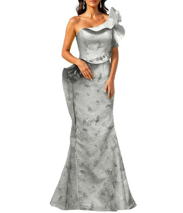 テラニクチュール レディース トップス 衣装 フラウンス Terani Couture One Shoulder Jacquard Ruffle Longown Silver しろがね色
