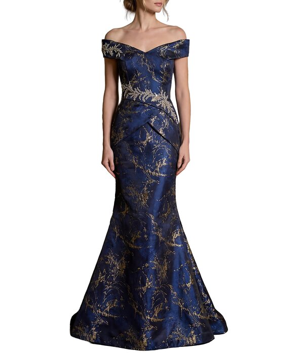 テラニクチュール レディース トップス 衣装 Terani Couture Off Shoulder Jacquard Longown Midnight Gold ゴールド