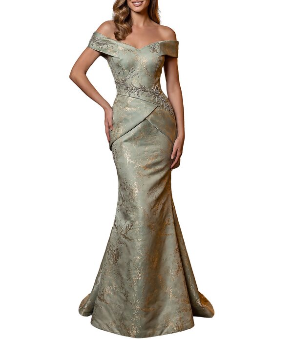 テラニクチュール レディース トップス 衣装 Terani Couture Off Shoulder Jacquard Longown Sage Gold サルヴィア