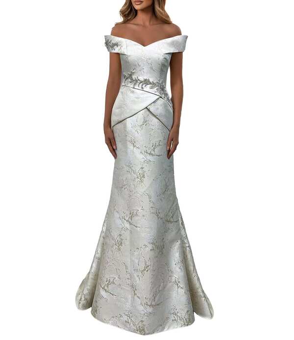 テラニクチュール レディース トップス 衣装 Terani Couture Off Shoulder Jacquard Longown Taupe Gold トープ