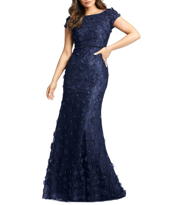 マックダガル レディース トップス 衣装 お花柄 メッシュ 鳥打ち帽 お花 Mac Duggal Floral Mesh Appliqued Cap Sleeve Trumpet Longown Midnight