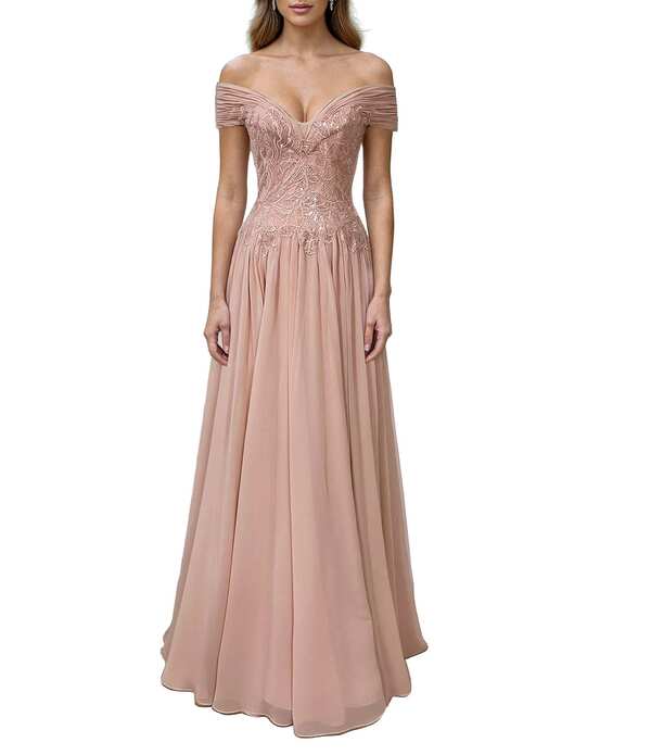 テラニクチュール レディース トップス 衣装 シフォン A 生産ライン Terani Couture Off The Shoulder A Line Chiffon Gown Rose Blush 毛はらい