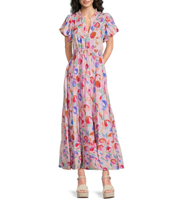 カレッサ レディース トップス 衣装 Vのど首 ティアード A 生産ライン 御花柄 MIDI 御花 Calessabstract Floral Split V-Neck Short Puff Sleeve Tiered A-Line Midi Dress Pink Multi サクラ色