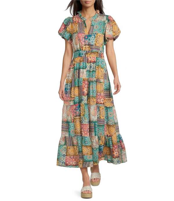 カレッサ レディース トップス 衣装 Vのど首 ティアード A 生産ライン 刷り上げる MIDI Calessa Modern Mosaic Print Split V-Neck Short Puff Sleeve Tiered A-Line Midi Dress Green Multi 緑であること