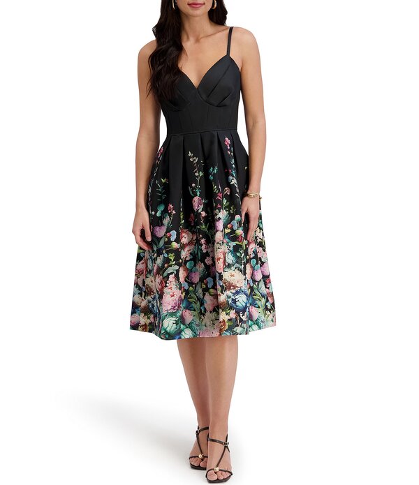 シエナ レディース トップス 衣装 A 生産ライン ひざ丈 御花柄 繻子 御花 SIENA Satin Floral Ombre Knee Length A-Line Dress Black Multi 黒いこと