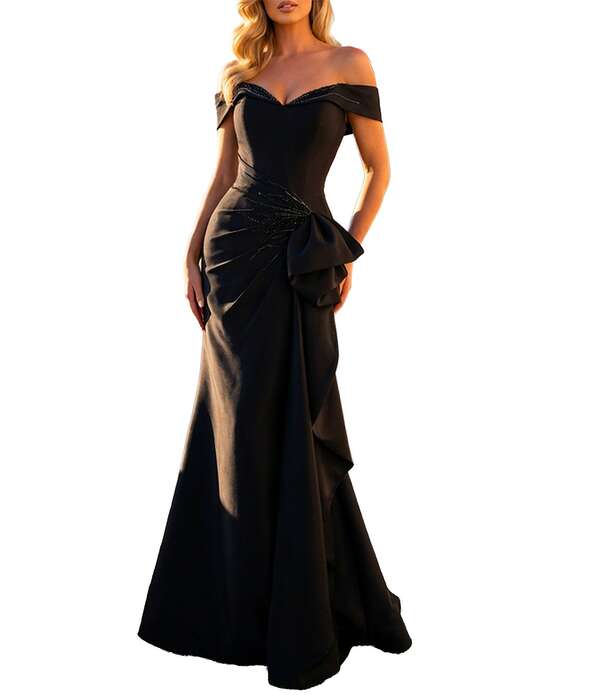 テラニクチュール レディース トップス 衣装 フラウンス Terani Couture Off-The-Shoulderuffle Mikado Mermaid Gown Black 黒いこと