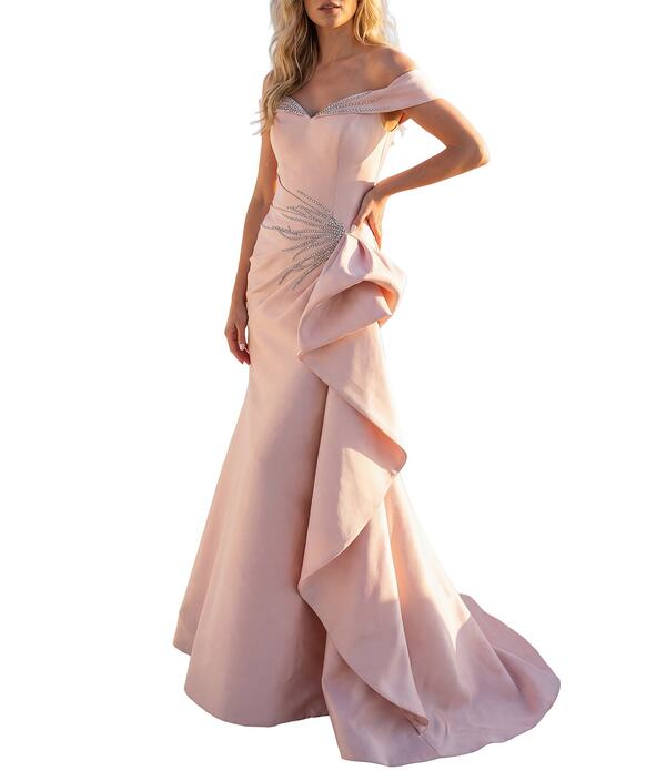 テラニクチュール レディース トップス 衣装 フラウンス Terani Couture Off-The-Shoulderuffle Mikado Mermaid Gown Blush 毛はらい