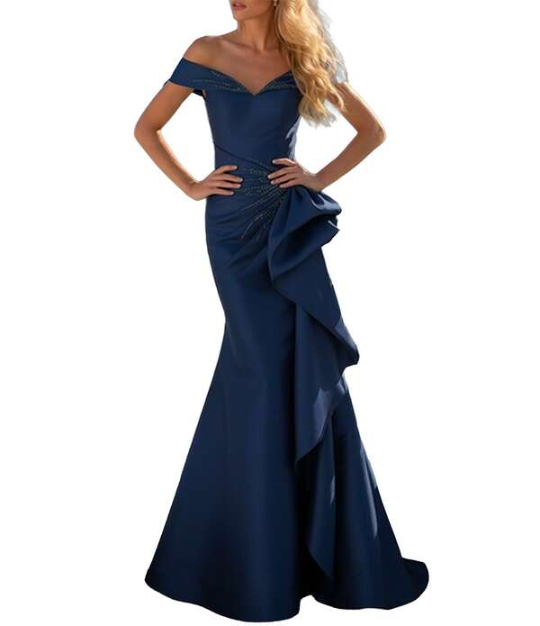 テラニクチュール レディース トップス 衣装 フラウンス Terani Couture Off-The-Shoulderuffle Mikado Mermaid Gownavy 米国海軍