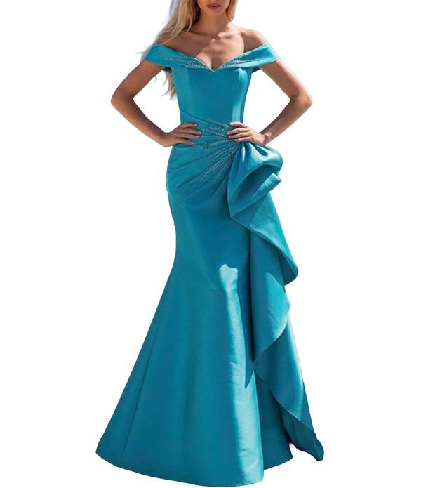 テラニクチュール レディース トップス 衣装 フラウンス Terani Couture Off-The-Shoulderuffle Mikado Mermaid Gown Turquoise 青緑色