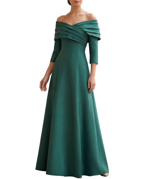 テラニクチュール レディース トップス 衣装 A 生産ライン 筋目 Terani Couture Off The Shoulder Pleated A-Line Gown Emerald エメラルド