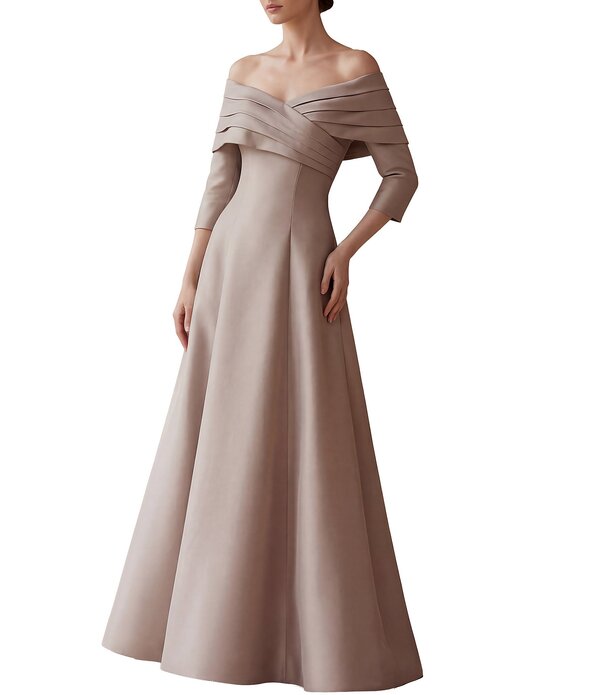 テラニクチュール レディース トップス ワンピース A ライン プリーツ Terani Couture Off The Shoulder Pleated A-Line Gown Taupe トープ｜ReVida 店