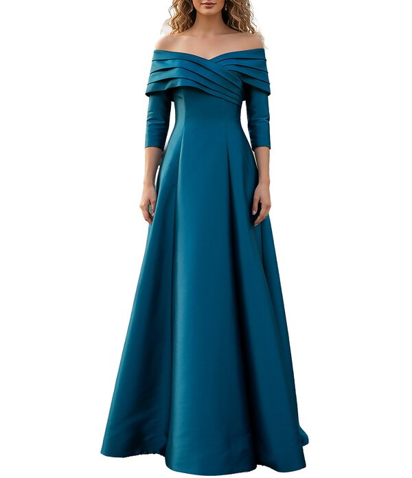 テラニクチュール レディース トップス ワンピース A ライン プリーツ Terani Couture Off The Shoulder Pleated A-Line Gown Teal ティール｜ReVida 店