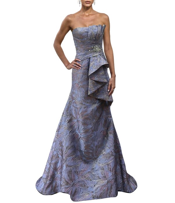 テラニクチュール レディース トップス 衣装 トール ストラップレス Terani Couture Strapless Metallic Jacquard Gown Blue Rose 青色
