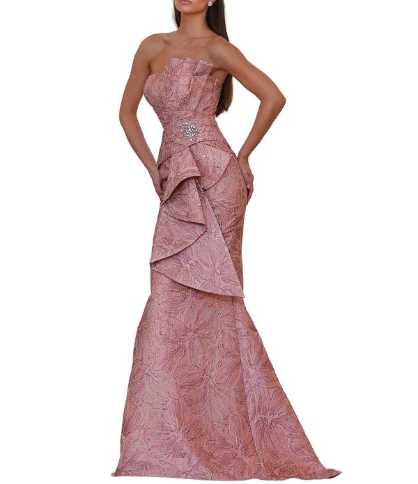 テラニクチュール レディース トップス ワンピース トール ストラップレス Terani Couture Strapless Metallic Jacquard Gown Blush Rose ブラッシュ|ReVida 店