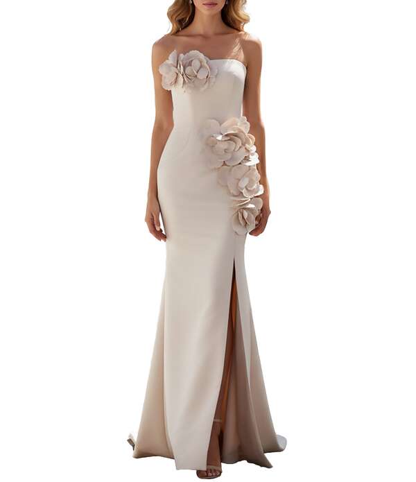 テラニクチュール レディース トップス 衣装 お花柄 ストラップレス お花 Terani Couture Mikado Strapless Floral Applique Sheath Gown Blush 毛はらい