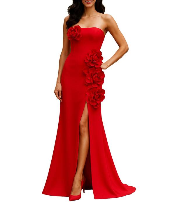 テラニクチュール レディース トップス 衣装 お花柄 ストラップレス お花 Terani Couture Mikado Strapless Floral Applique Sheath Gown Red 赤いこと