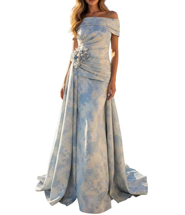 テラニクチュール レディース トップス 衣装 Terani Couture Jacquard Off-The-Shoulder Sheath Gown Blue Stone Gold 青色