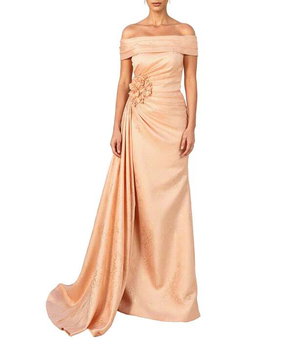テラニクチュール レディース トップス 衣装 Terani Couture Jacquard Off-The-Shoulder Sheath Gown Blush Gold 毛はらい