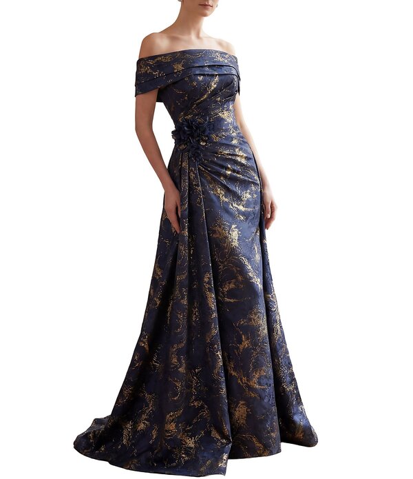 テラニクチュール レディース トップス 衣装 Terani Couture Jacquard Off-The-Shoulder Sheath Gownavy Gold 米国海軍