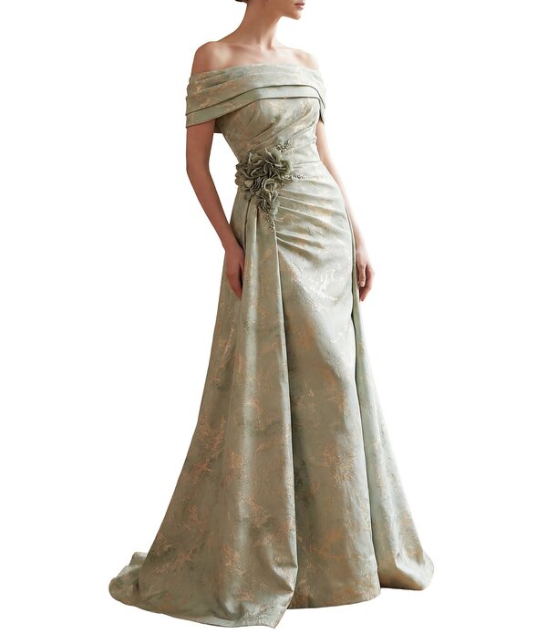 テラニクチュール レディース トップス 衣装 Terani Couture Jacquard Off-The-Shoulder Sheath Gown Sage Gold サルヴィア