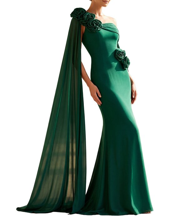テラニクチュール レディース トップス 衣装 シフォン 非対称 御花柄 御花 Terani Couture Chiffon Asymmetrical Neckline Floral Applique Sheath Gown Hunter