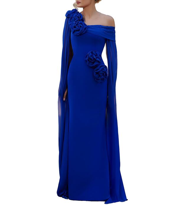 テラニクチュール レディース トップス 衣装 シフォン 非対称 御花柄 御花 Terani Couture Chiffon Asymmetrical Neckline Floral Applique Sheath Gown Sapphire サファイア