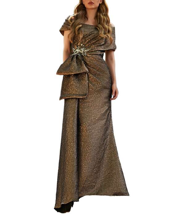テラニクチュール レディース トップス 衣装 Terani Couture Off The Shoulder Gown With Beadedetail Amber 琥珀色