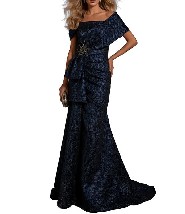 テラニクチュール レディース トップス 衣装 Terani Couture Off The Shoulder Gown With Beadedetail Navy 米国海軍