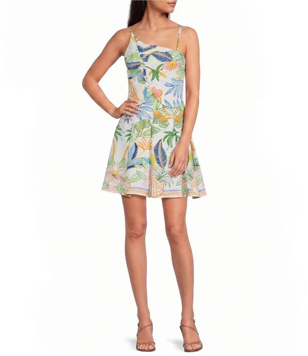 シエナ レディース トップス 衣装 非対称 筋目 刷り上げる ミニ SIENA Printed Asymmetric Neck Drop Waist Pleated Mini Dress White/Multi 白いこと
